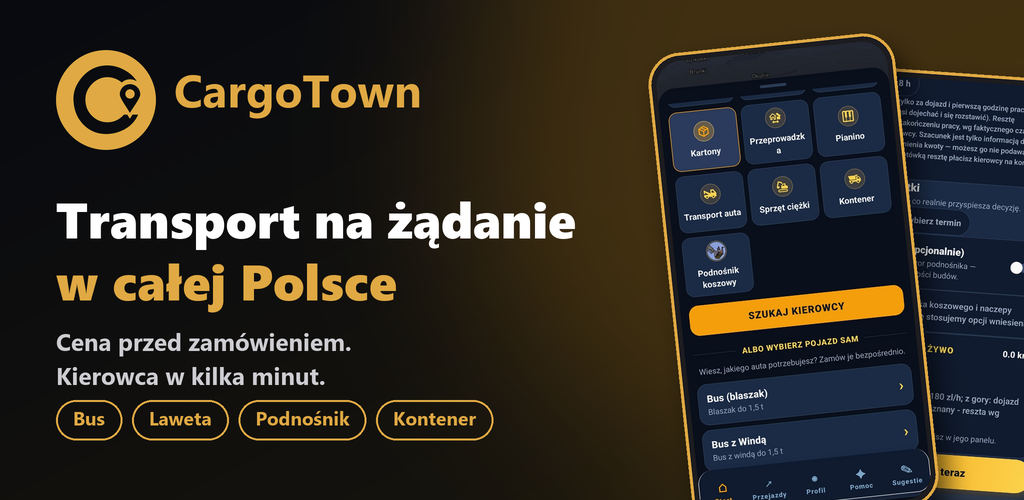 Aplikacja CargoTown na telefonie: wybór usługi i pojazdu